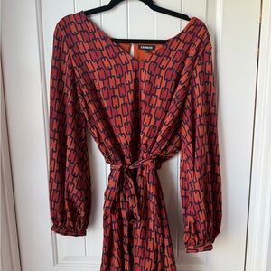 Express Rust & Navy Geometric Tie-Waist Long Sleeve Dress